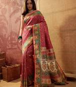Pink viscose silk position print saree with contrast blouse piece