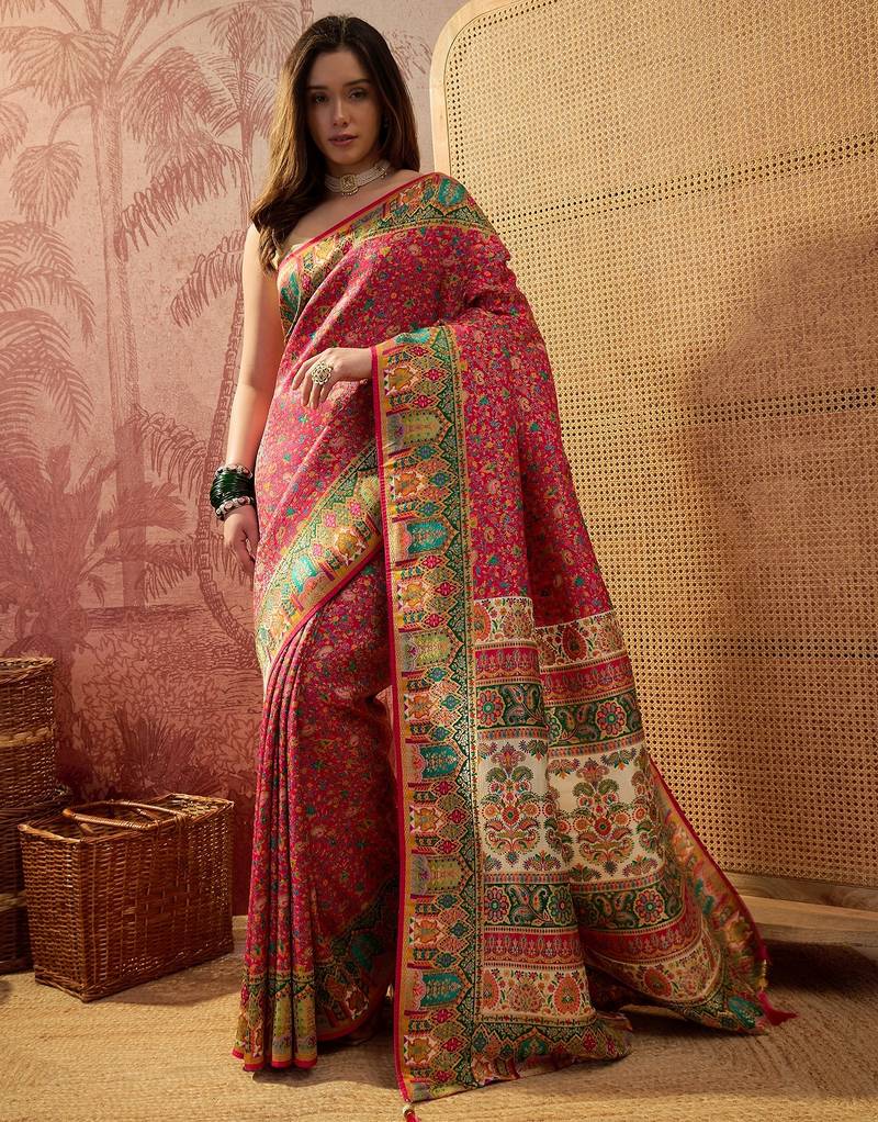Pink viscose silk position print saree with contrast blouse piece