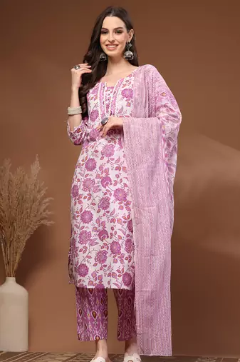 White floral printed cotton stitched kurta set with palazzo & dupatta for women