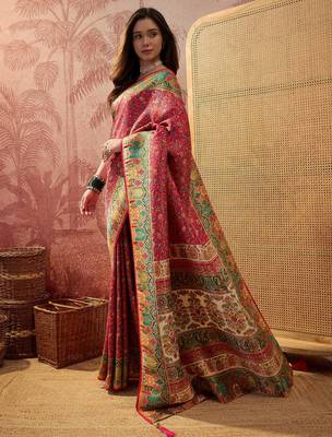 Pink viscose silk position print saree with contrast blouse piece 2