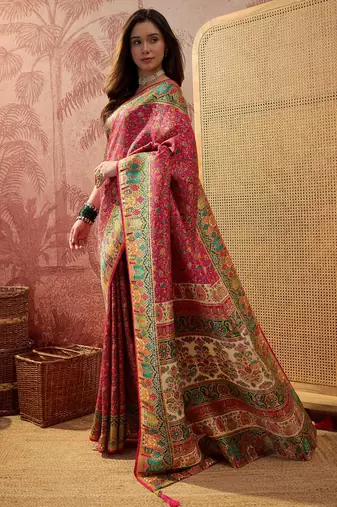 Pink viscose silk position print saree with contrast blouse piece