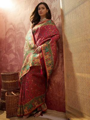 Pink viscose silk position print saree with contrast blouse piece 3