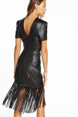 Women’s genuine lambskin black dressshort sleeve fringe dress for women 2