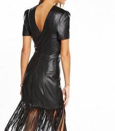 Women’s genuine lambskin black dressshort sleeve fringe dress for women