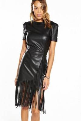 Women’s genuine lambskin black dressshort sleeve fringe dress for women 1