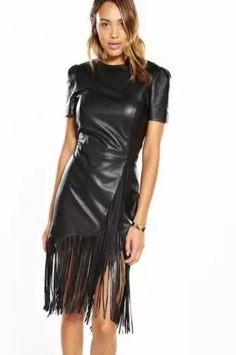Women’s genuine lambskin black dressshort sleeve fringe dress for women
