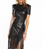 Women’s genuine lambskin black dressshort sleeve fringe dress for women