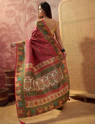 Pink viscose silk position print saree with contrast blouse piece 4