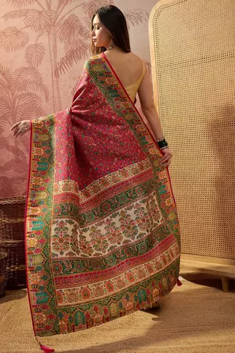 Pink viscose silk position print saree with contrast blouse piece