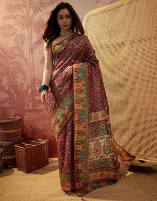 Purple viscose silk position print saree with contrast blouse piece 1