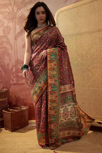 Purple viscose silk position print saree with contrast blouse piece