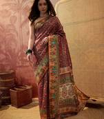 Purple viscose silk position print saree with contrast blouse piece