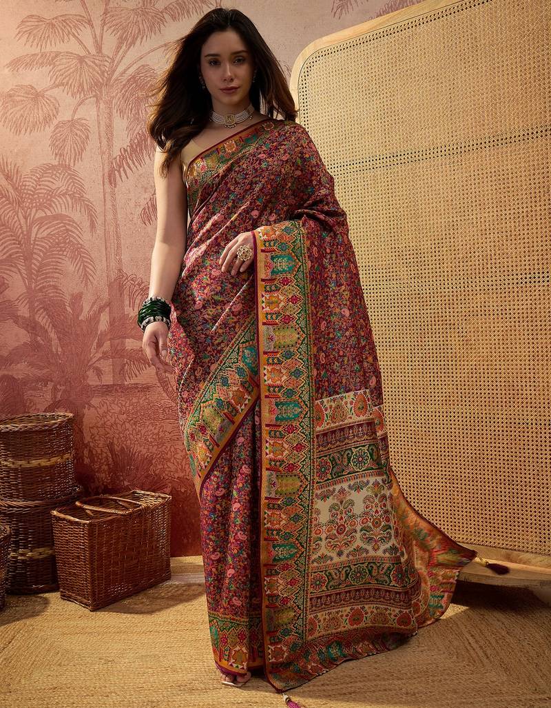 Purple viscose silk position print saree with contrast blouse piece
