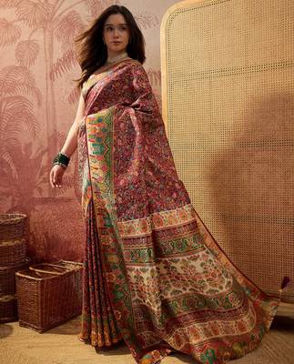Purple viscose silk position print saree with contrast blouse piece 2