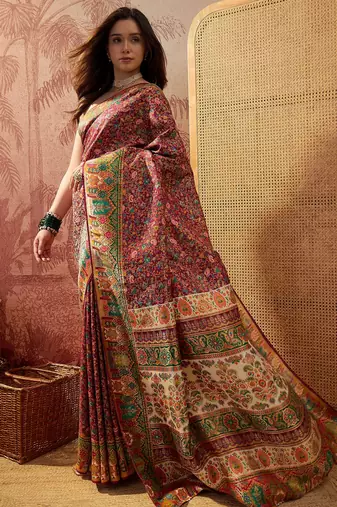 Purple viscose silk position print saree with contrast blouse piece