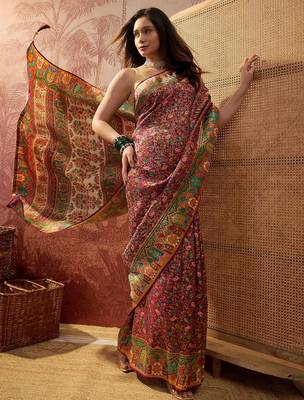 Purple viscose silk position print saree with contrast blouse piece 3