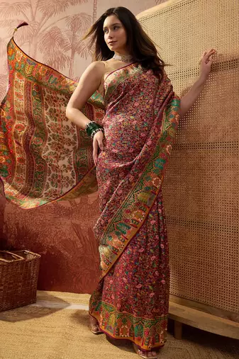 Purple viscose silk position print saree with contrast blouse piece