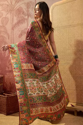 Purple viscose silk position print saree with contrast blouse piece