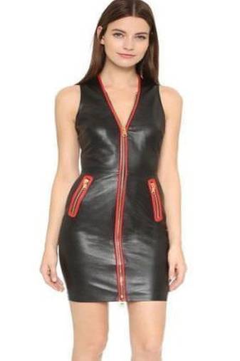 Women’s genuine lambskin black dresssleeveless front zip dress for women