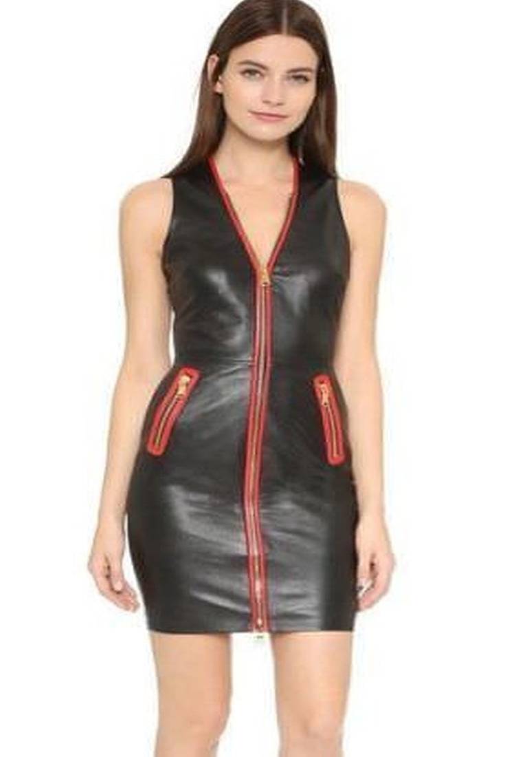 Women’s genuine lambskin black dresssleeveless front zip dress for women