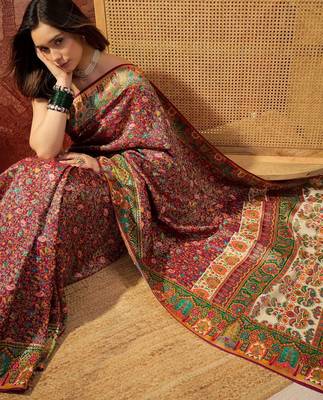 Purple viscose silk position print saree with contrast blouse piece 5