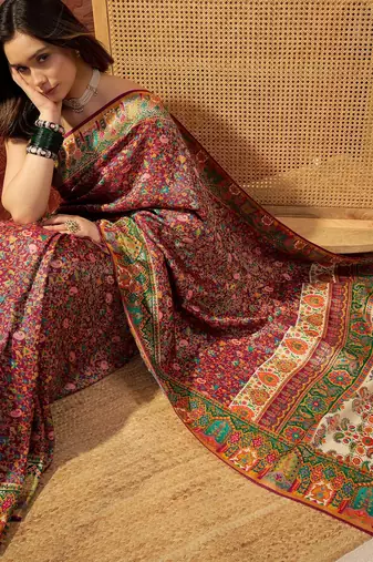 Purple viscose silk position print saree with contrast blouse piece