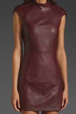 Women’s genuine lambskin maroon dresscap sleeve dress for women 1