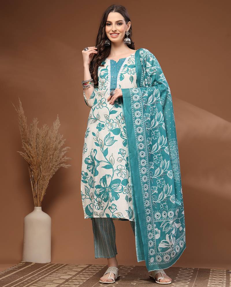 Off white floral printed cotton stitched kurta set with palazzo & dupatta for women
