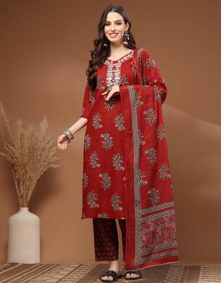 Red floral printed cotton stitched kurta set with palazzo & dupatta for women 5