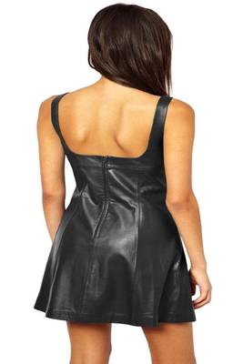Sweetheart neckline sleeveless genuine black leather sexy dress 1