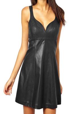 Sweetheart neckline sleeveless genuine black leather sexy dress 2