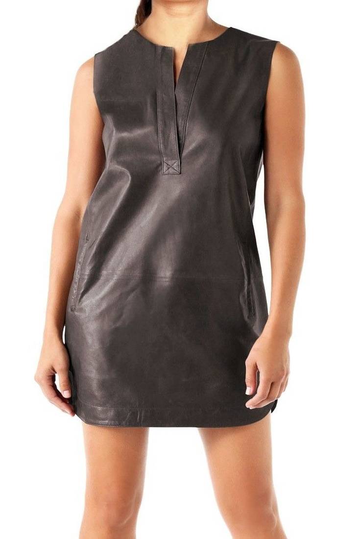 Women’s genuine lambskin black dressshort length dress