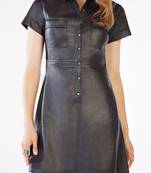 Women’s genuine lambskin black dressfront snap button dress