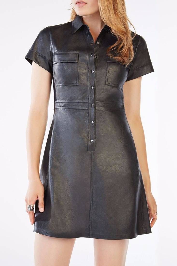 Women’s genuine lambskin black dressfront snap button dress