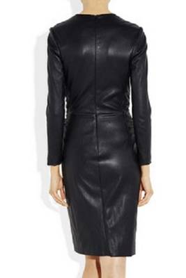 Women’s genuine lambskin black dressround neck party dress 1