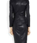Women’s genuine lambskin black dressround neck party dress