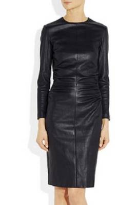 Women’s genuine lambskin black dressround neck party dress 2