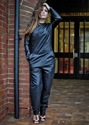 Women’s blacksoft lambskin leather utility jumpsuit 1