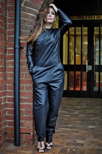 Women’s blacksoft lambskin leather utility jumpsuit