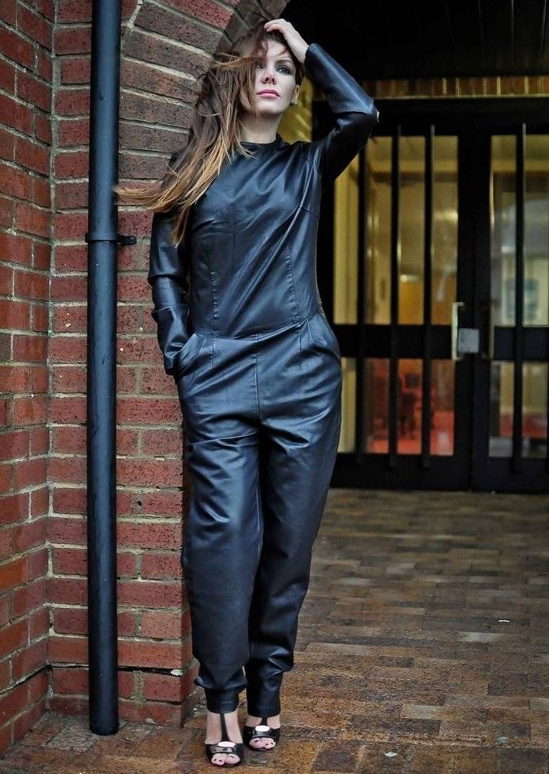 Women’s blacksoft lambskin leather utility jumpsuit