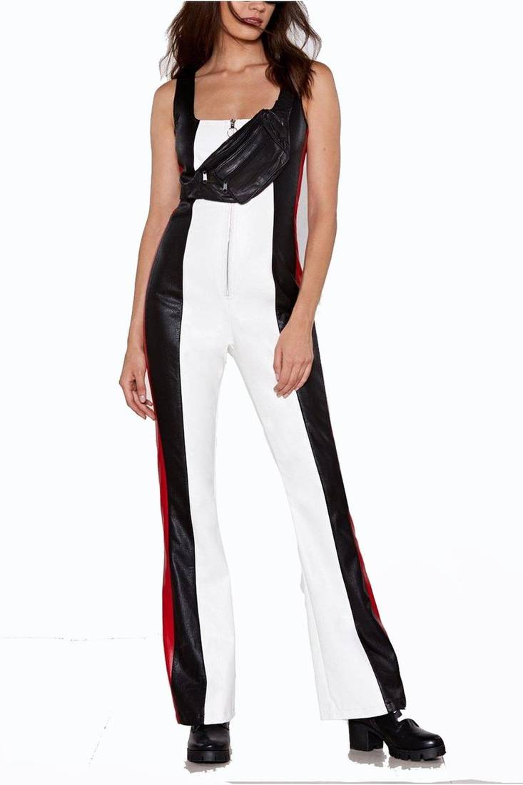Women’s white soft lambskin leather utility jumpsuit