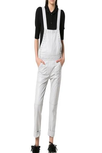 Women’s white soft lambskin leather utility jumpsuit for women