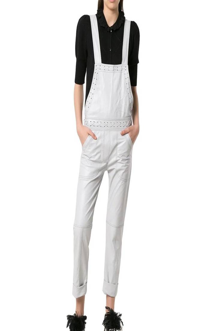 Women’s white soft lambskin leather utility jumpsuit for women