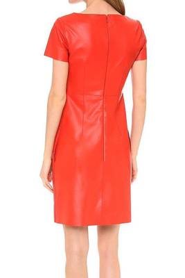 Women’s genuine lambskin orange dressparty short sleeve dress 2