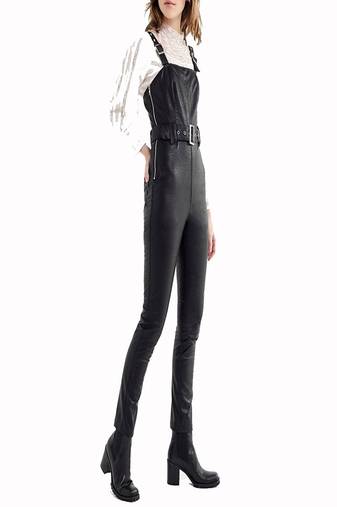 Women’s black soft lambskin leather utility jumpsuit sleeveless