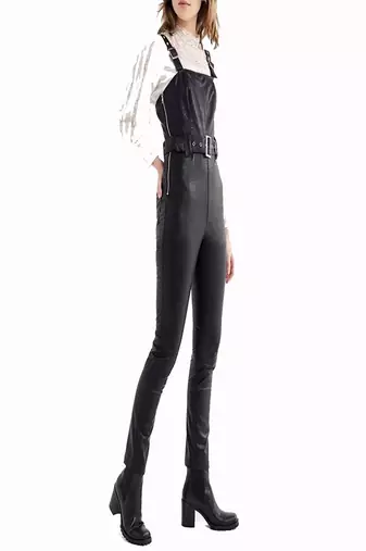 Women’s black soft lambskin leather utility jumpsuit sleeveless