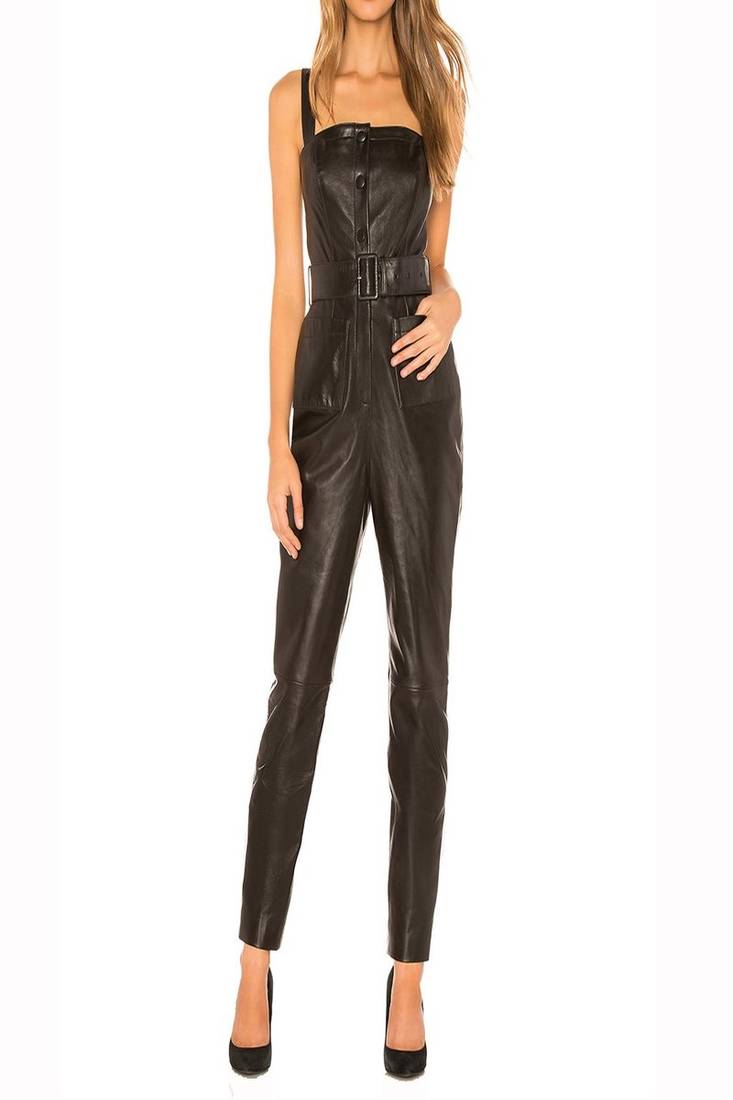 Women’s black soft lambskin leather utility belt waist jumpsuit sleeveless