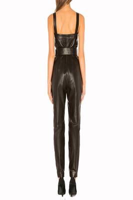 Women’s black soft lambskin leather utility belt waist jumpsuit sleeveless 2