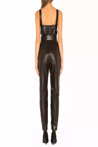 Women’s black soft lambskin leather utility belt waist jumpsuit sleeveless