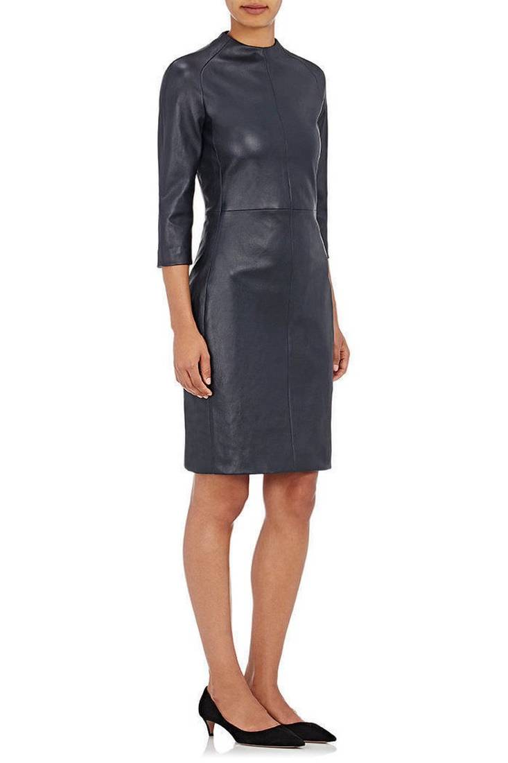 Women’s genuine lambskin navy blue dressparty dress